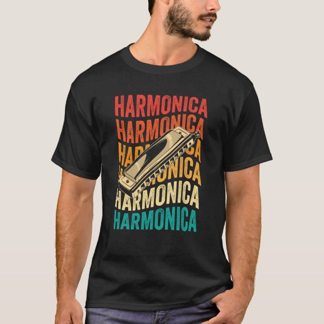 Retro Harmonica Harp Player T Shirt (Framsida)