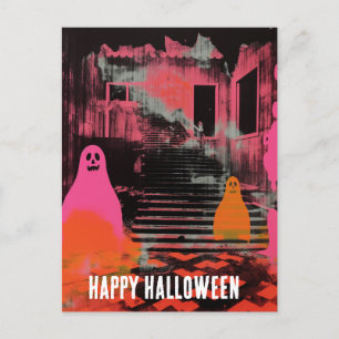 Retro Haunted Halloween House Rosa Orange Spöken Vykort