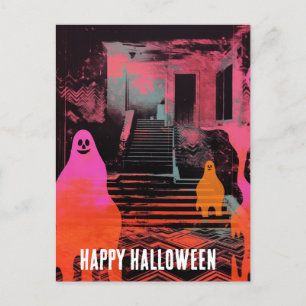 Retro Haunted Halloween House Rosa Orange Spöken Vykort