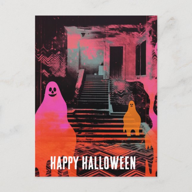 Retro Haunted Halloween House Rosa Orange Spöken Vykort (Framsida)