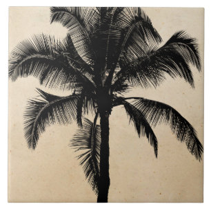 Retro hawaiansk tropisk palmträdSilhouettesvart Kakelplatta