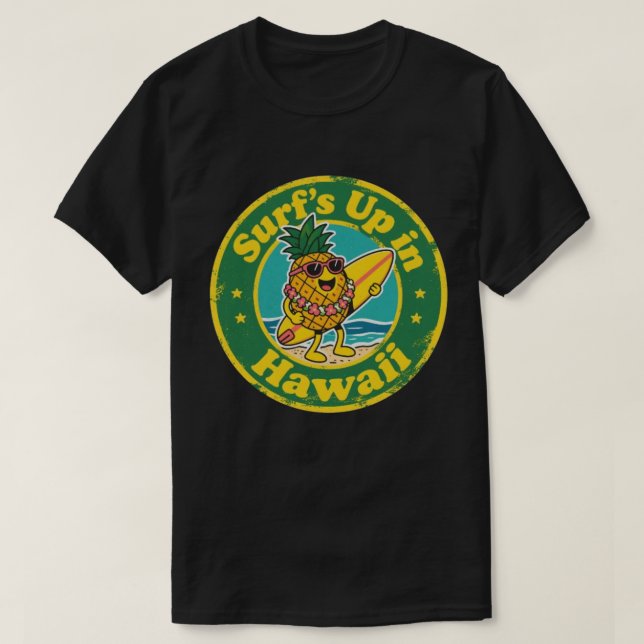 Retro Hawaii-märke-Ananas med Lei-Surfbräda T Shirt (Design framsida)