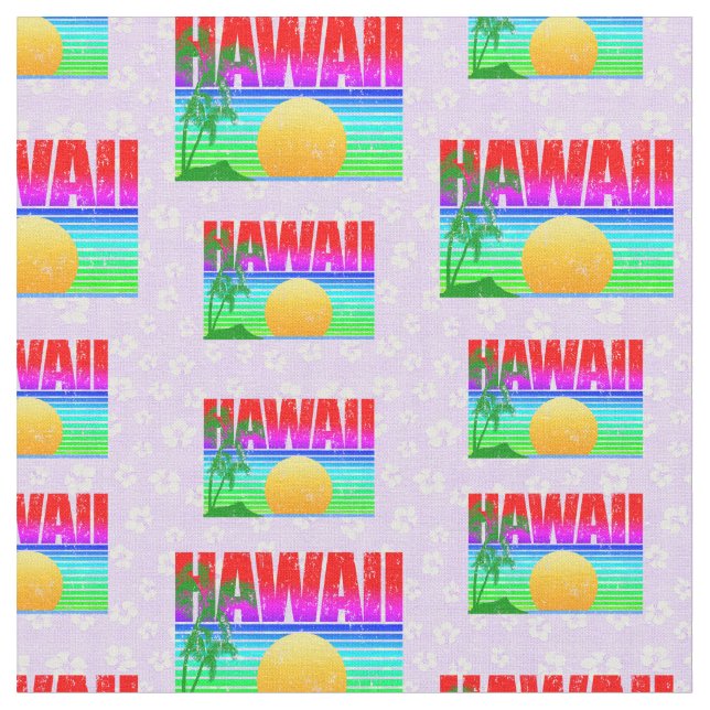 Retro Hawaii Sunset Beach Lila Hibiscus Tyg (Närbild)