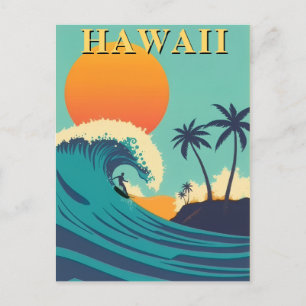 Retro Hawaii Surfing Sunset & Vågar Travel Vykort