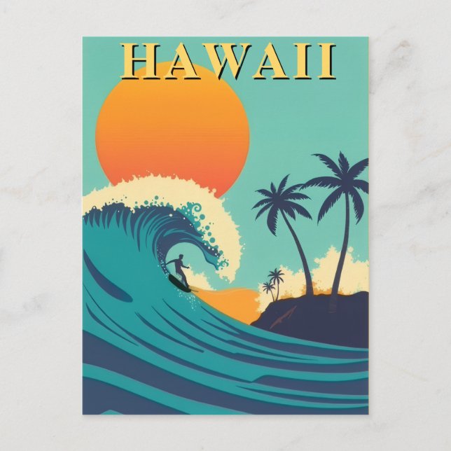 Retro Hawaii Surfing Sunset & Vågar Travel Vykort (Framsida)