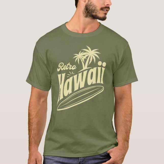 Retro Hawaii Vibes with Palm Trees and Surfboard  T Shirt (Framsida)