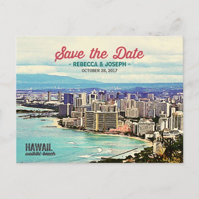 Retro Hawaii Waikiki Beach Photo Save Date Meddelande Vykort (Framsida)
