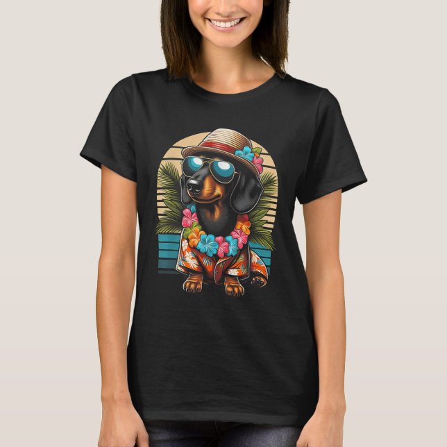 Retro Hawaiian Dachshund Hund Tropical Blommigt Su T Shirt (Framsida)