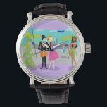 Retro Hawaiian Jul Watch Armbandsur<br><div class="desc">Mele Kalikimaka! Den här Retro Hawaii-julbevakningen har en minimalistisk tecknad teckning av ett attraktivt par som tar helgdag under en livstid! Den moderna scenen i mitten av århundradet är förlagd på en tropisk flygplats. Mr. och Mrs. Tourist pläderar framför golv för att sätta upp glasmurar. När allt kommer omkring vill...</div>
