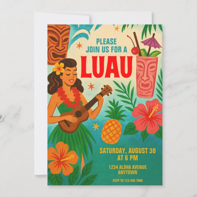 Retro Hawaiian Luau-partiets inbjudan (Framsida)