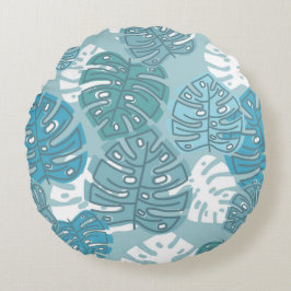 Retro Hawaiian Monstera Löv, sommarblåsor Rund Kudde