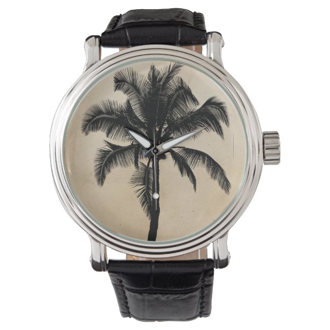 Retro Hawaiian Tropical Handflatan Träd Silhouette Armbandsur (Framsida)
