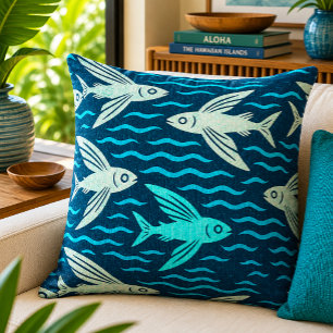Retro hawaiianskt flygande fisk havsvågor mönster kudde