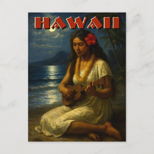 Retro hawaiisk flicka & ukulele på månbelyst stran vykort