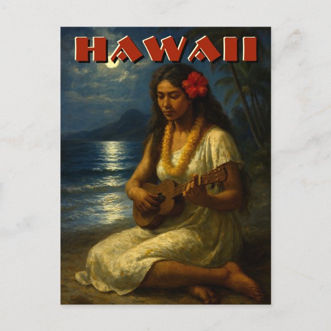 Retro hawaiisk flicka & ukulele på månbelyst stran vykort (Framsida)