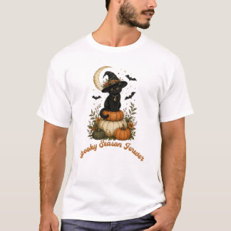 Retro Häxig Svart Katt SkräckSäsong För Evigt T Shirt