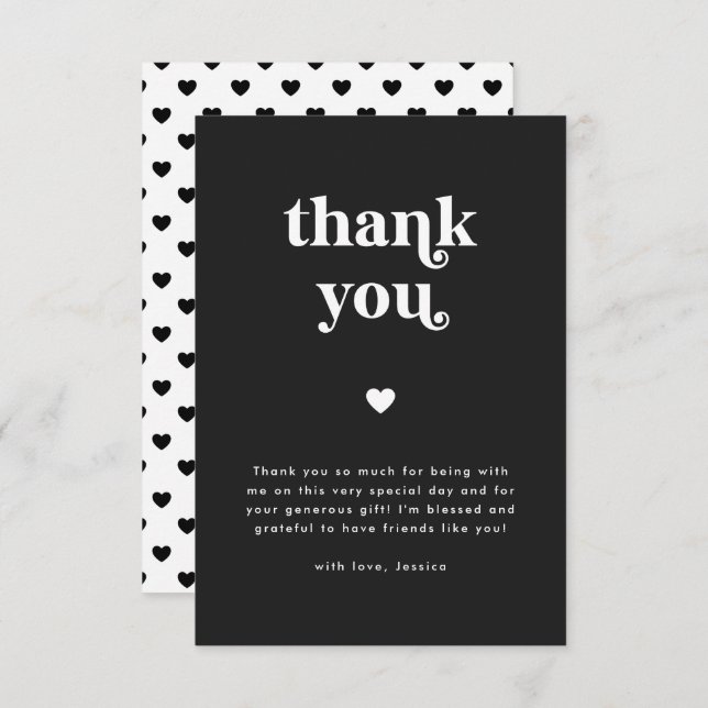 Retro Heart Black & White Baby Shower Tack Kort (Fram/baksida)