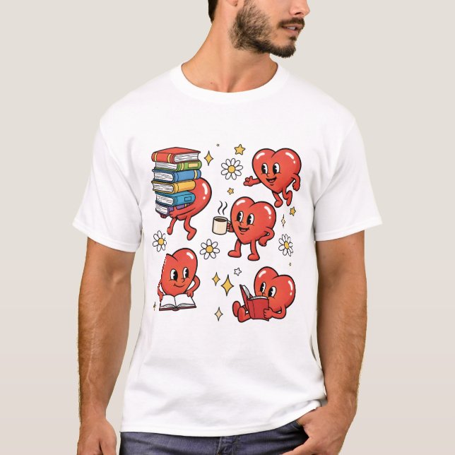 Retro Heart Book Lovers T Shirt (Framsida)