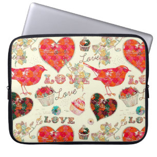 Retro Hearts Birds & Valentine Day Inslag Laptop Fodral