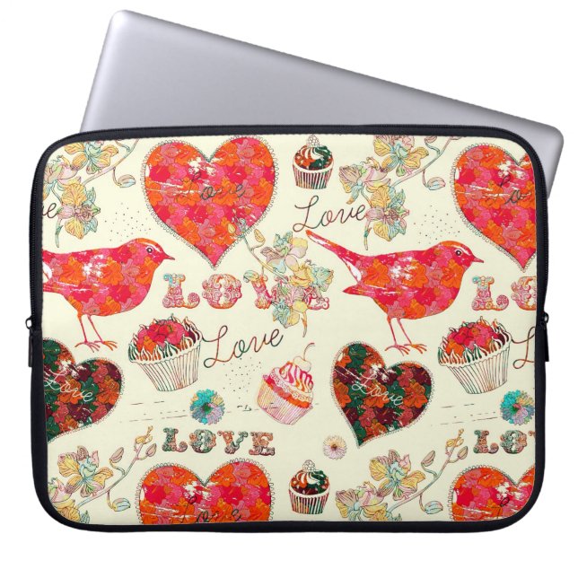 Retro Hearts Birds & Valentine Day Inslag Laptop Fodral (Framsidan)