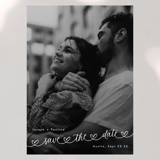 Retro Hearts Black White Photo Modern Wedding Spara Datumet (Skapare uppladdad)