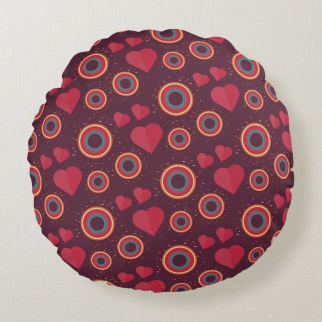 Retro Hearts och Circles Mönster Rund Kudde (Framsidan)