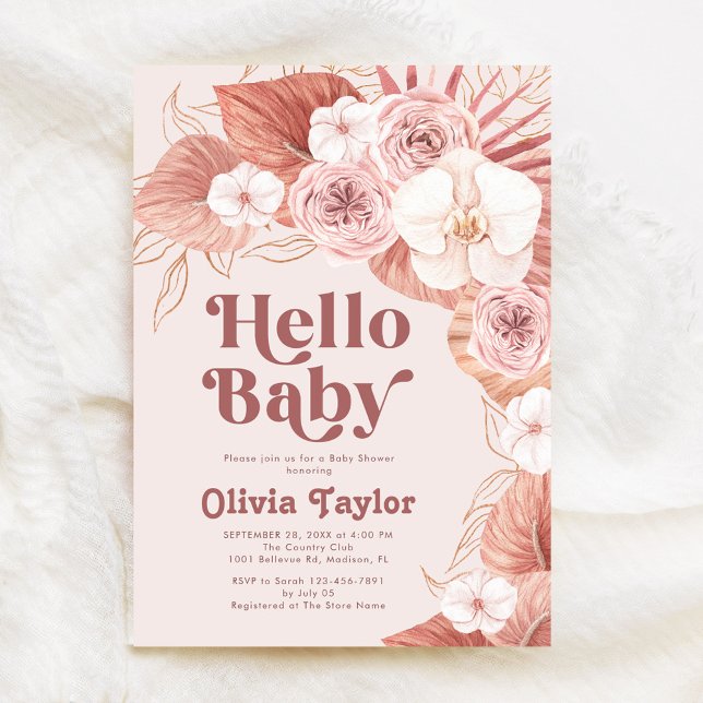 Retro Hej Baby Botanical Girl Baby Shower Inbjudningar (Skapare uppladdad)
