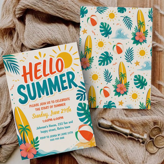 Retro Hej Sommar Skolavslutning Poolparty Inbjudningar (Retro Hello Summer End of School Pool Party Invitation)
