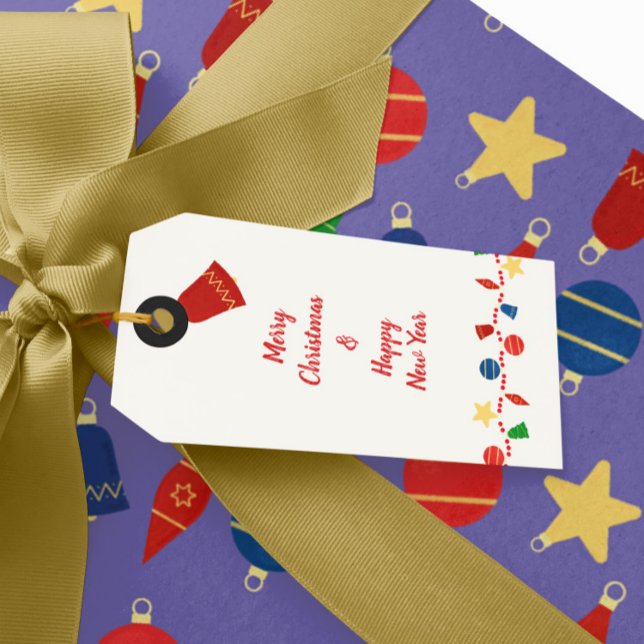 Retro Helgdag Baubles & Classic Festive Presentetikett (Cute retro Christmas gift tag with vintage Christmas ornaments and red beaded garland)