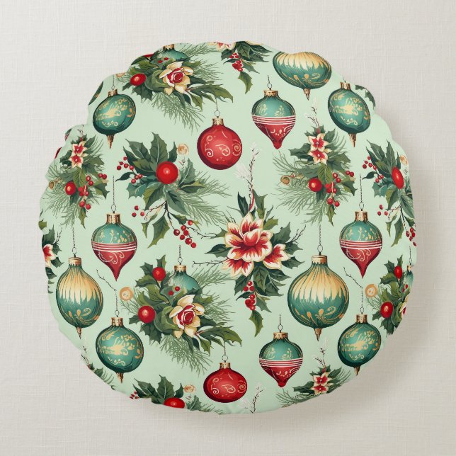 Retro Helgdag Ornaments and Flowers jul Rund Kudde (Framsidan)