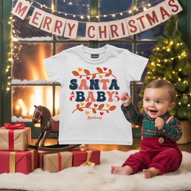 Retro Helgdag Santa Baby Personlig T Shirt (Retro Holiday Santa Baby Personalized Baby T-Shirt)