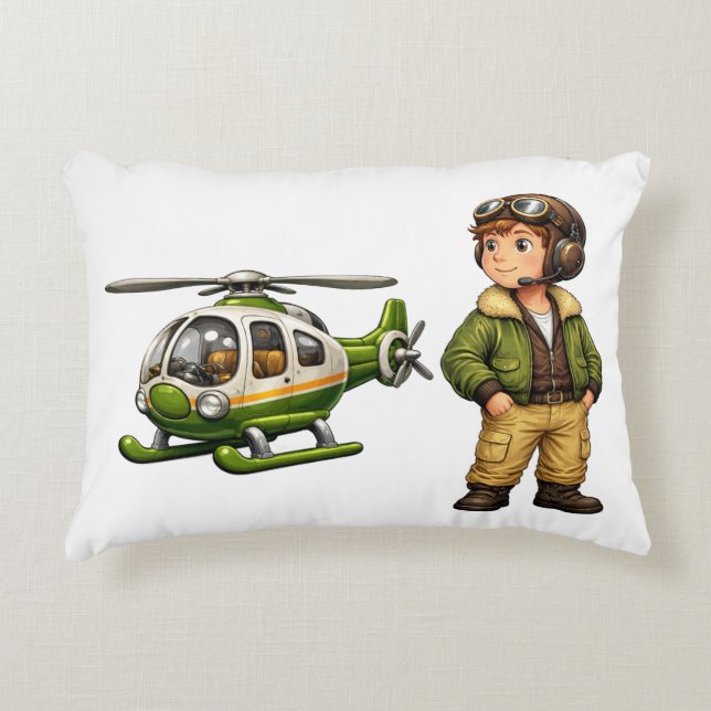 Retro helikopterpilotpojke med vintage chopper prydnadskudde (Framsidan)