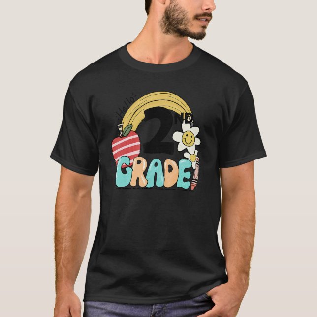 Retro Hello 2nd Grade Floral Rainbow Second Grade  T Shirt (Framsida)