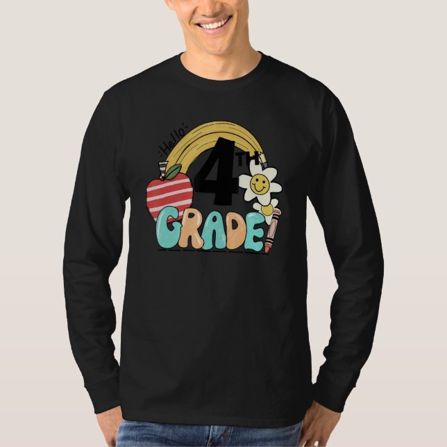 Retro Hello 4th Grade Floral Rainbow Fourth Grade  T Shirt (Framsida)