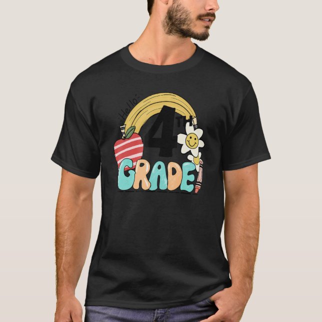 Retro Hello 4th Grade Floral Rainbow Fourth Grade  T Shirt (Framsida)