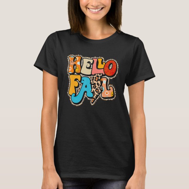 Retro Hello Fall Leopard Groovy  Fall Autumn Seaso T Shirt (Framsida)