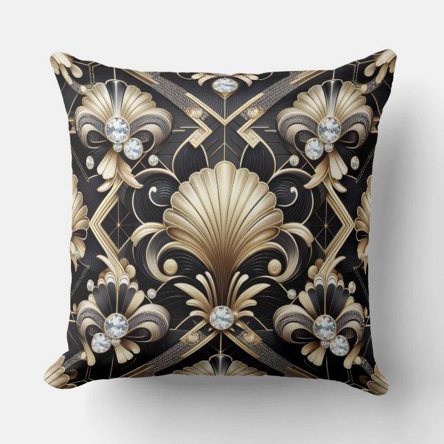Retro heminredningar | Svart och guld Art Deco Kudde (Framsida)