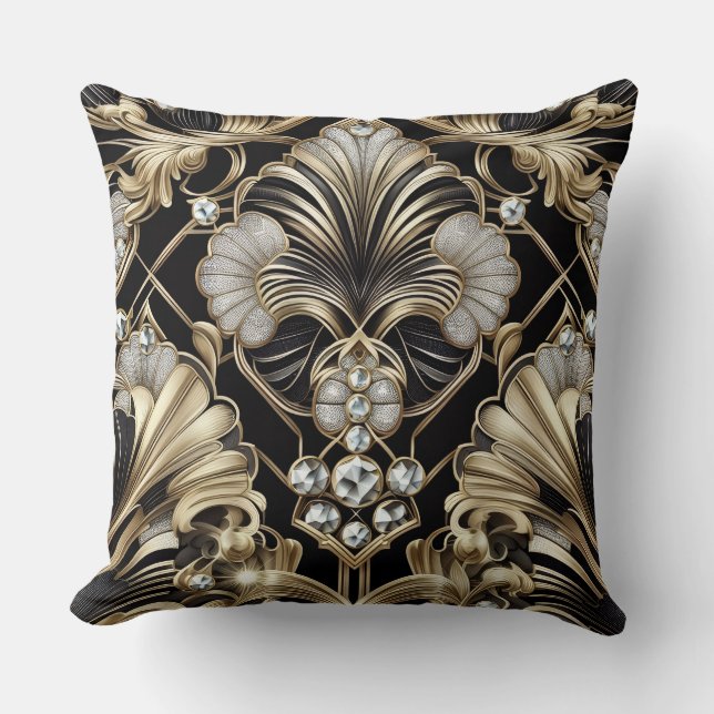 Retro Hemma Accents | Svart och Guld Art Deco Kudde (Framsida)