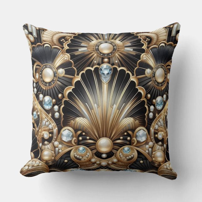Retro Hemma Accents | Svart och Guld Art Deco Kudde (Framsida)