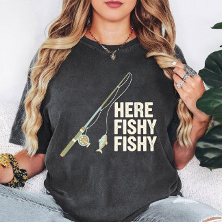 Retro Here Fishy Fishy Fishing Rod & Fish Design T Shirt