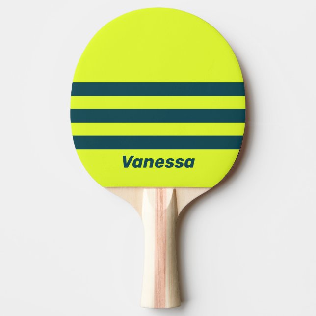 Retro HI VIS Gul Tre Tvärgående Ränder med Namn Pingisracket (Framsidan)