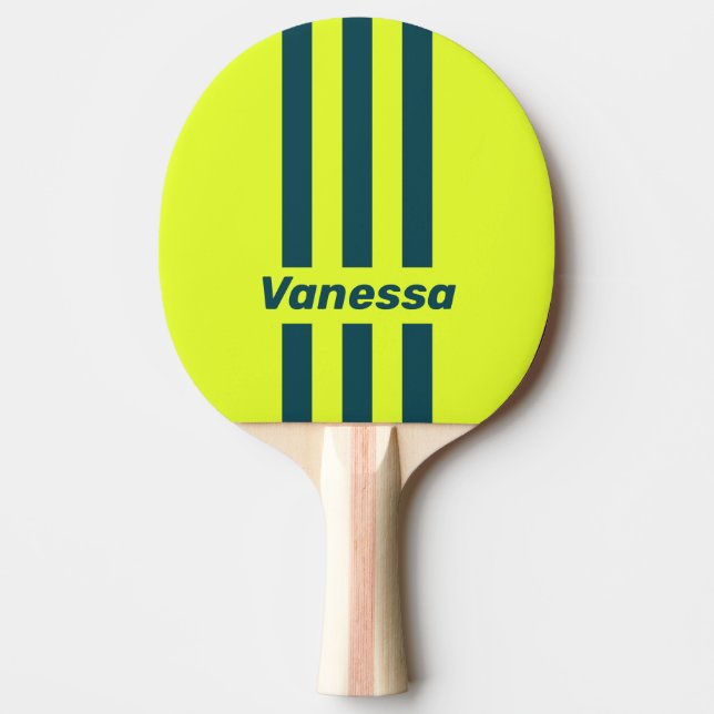 Retro HI VIS Gul Trepinnars Ränder med Namn Pingisracket (Framsidan)
