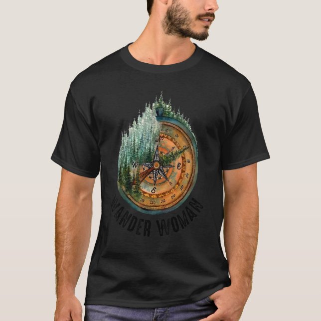 Retro Hiking Mountain Wander Woman Compass Camping T Shirt (Framsida)
