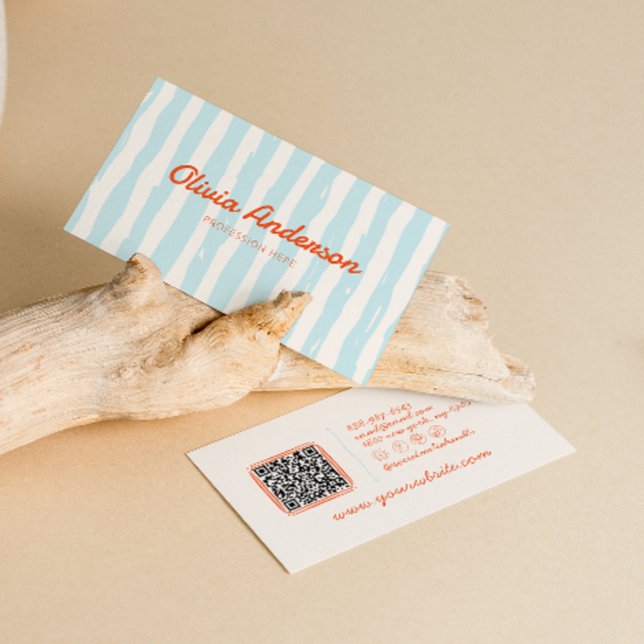 Retro Himmel Blue Handskriven ritad, strippad QR-k Visitkort (Skapare uppladdad)