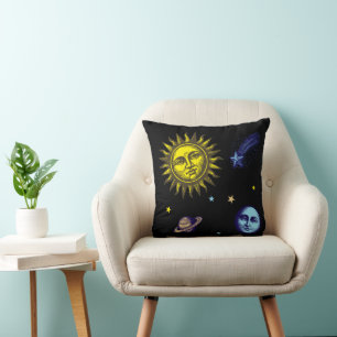 Retro himmelsk konst Sol Måne Stjärnor Planet Kome Kudde