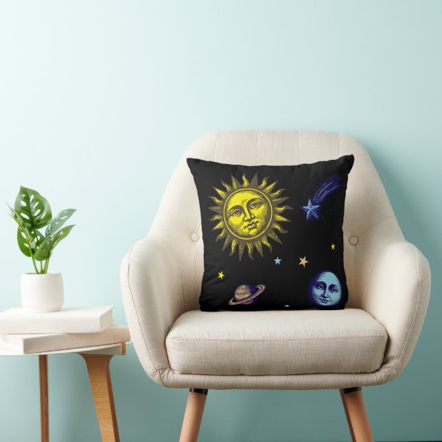 Retro himmelsk konst Sol Måne Stjärnor Planet Kome Kudde (Stol)