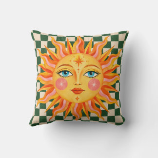 Retro himmelsk sol grön rutig kudde
