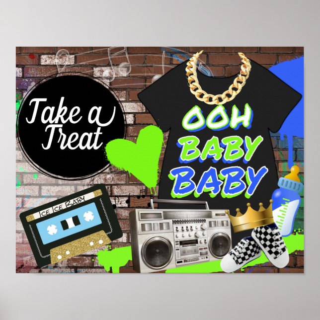 Retro Hip hop Baby Shower-Oh Baby Baby Treat Sign Poster (Framsidan)