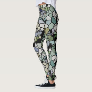 Retro Hip Taupe Teal Blue Grönt Mosaic Art Mönst Leggings