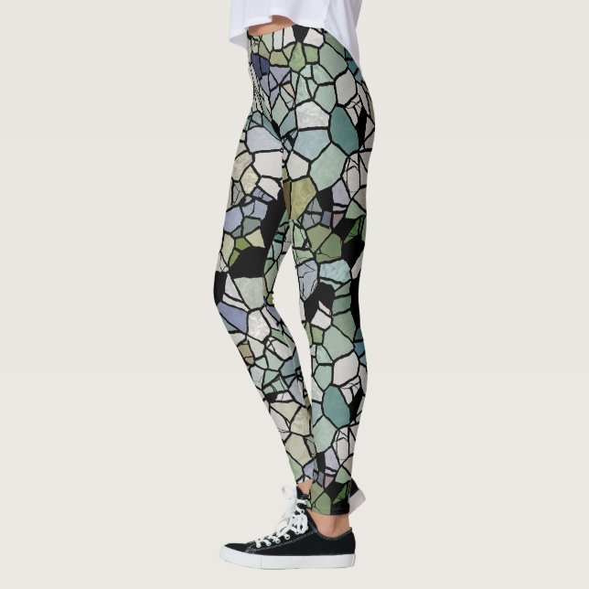 Retro Hip Taupe Teal Blue Grönt Mosaic Art Mönster Leggings (Vänster)